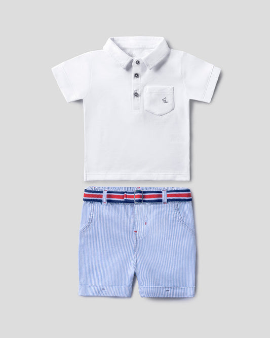 Conjunto camiseta polo blanca con short azul para bebé niño